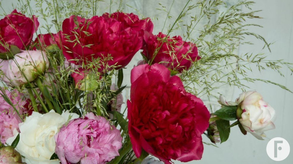 Mix of peonies in an Italian vase detail