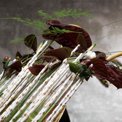 Christmas flower arrangement with Anthuriums - close up