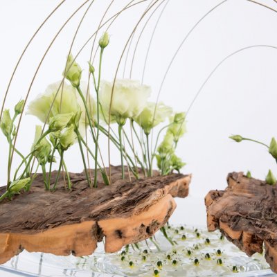Flower arrangement with Lisianthus and wood
