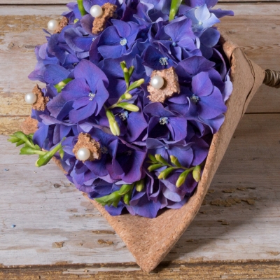 Blauw trouwboeket met Hortensia - close up